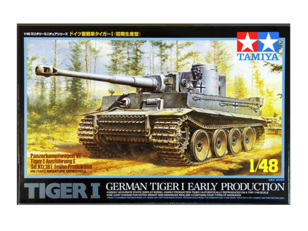 32504  Танк Тигр I (ранняя версия), металлич. загрунтованное шасси, 4 вар-та декалей Tamiya